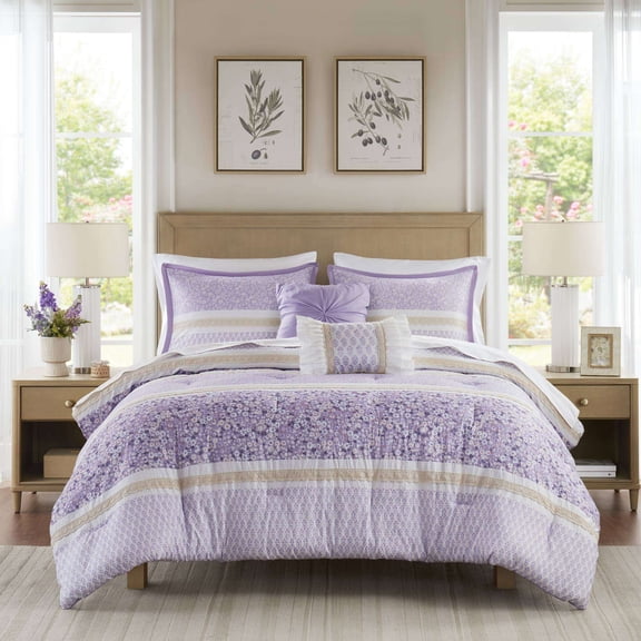 Cotton Bedding Set 5 PCS Full/Queen Seersucker Comforter Set with Throw Pillows,Comforter Set