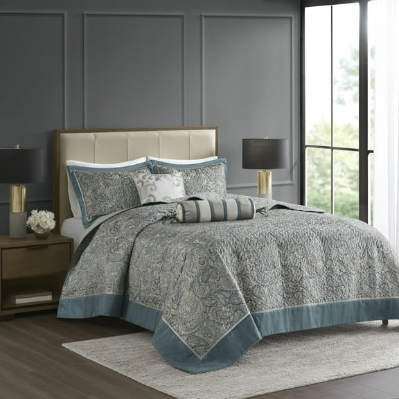 Cotton Bedding Set 5 Piece Jacquard Bedspread Set with Throw Pillows Teal Queen,Comforter Set