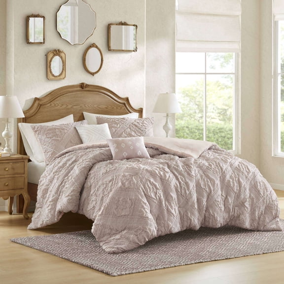 Cotton Bedding Set 5-Piece King 5 Piece Sculpted jacquard comforter set,Pink,Comforter Set