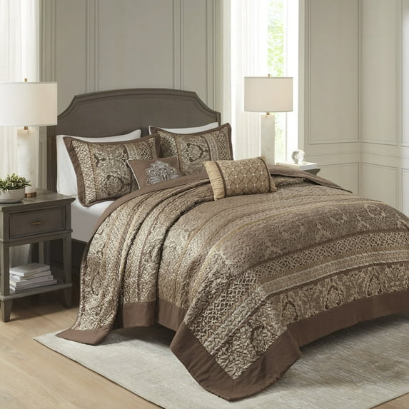 Cotton Bedding Set 5 Piece Reversible Jacquard Bedspread Set Brown/Gold King,Comforter Set