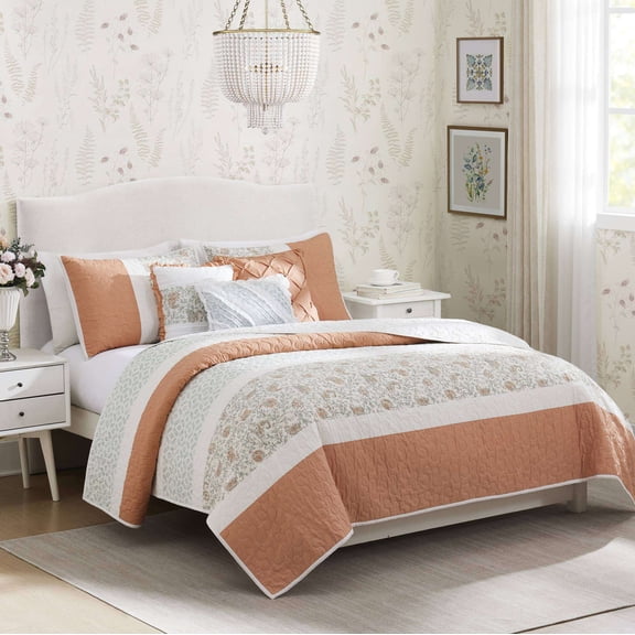 Cotton Bedding Set 6 Piece Cotton Percale Quilt Set with Throw Pillows Coral Full/Queen,Comforter Set