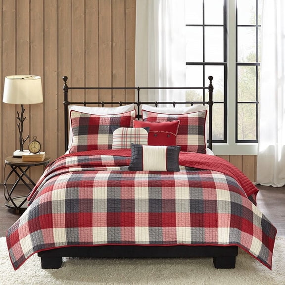 Cotton Bedding Set 6 Piece Printed Herringbone Quilt Set with Throw Pillows Red Full/Queen,Comforter Set