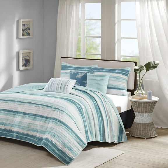 Cotton Bedding Set 6 Piece Printed Quilt Set with Throw Pillows Aqua Full/Queen,Comforter Set