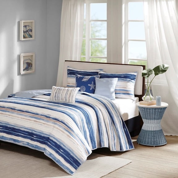 Cotton Bedding Set 6 Piece Printed Quilt Set with Throw Pillows Blue Full/Queen,Bed In A Bag