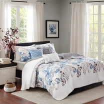 Cotton Bedding Set 6 Piece Printed Quilt Set with Throw Pillows Blue Full/Queen,Comforter Set