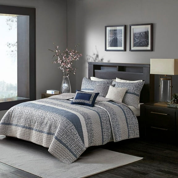 Cotton Bedding Set 6 Piece Reversible Jacquard Quilt Set with Throw Pillows Navy Full/Queen,Bed In A Bag