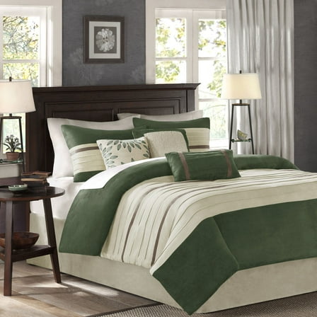 Cotton Bedding Set 7 PC Pieced Faux Suede Comforter Set Green Queen,Comforter Set
