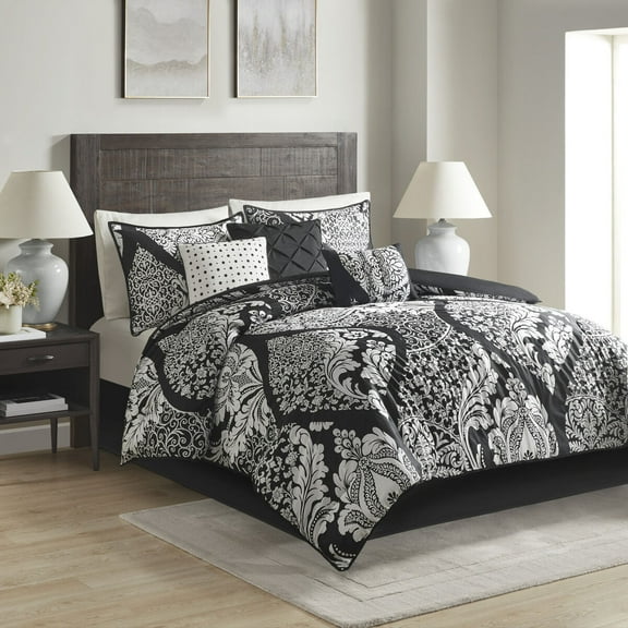 Cotton Bedding Set 7 Piece Cotton Printed Comforter Set Black Cal King,Comforter Set