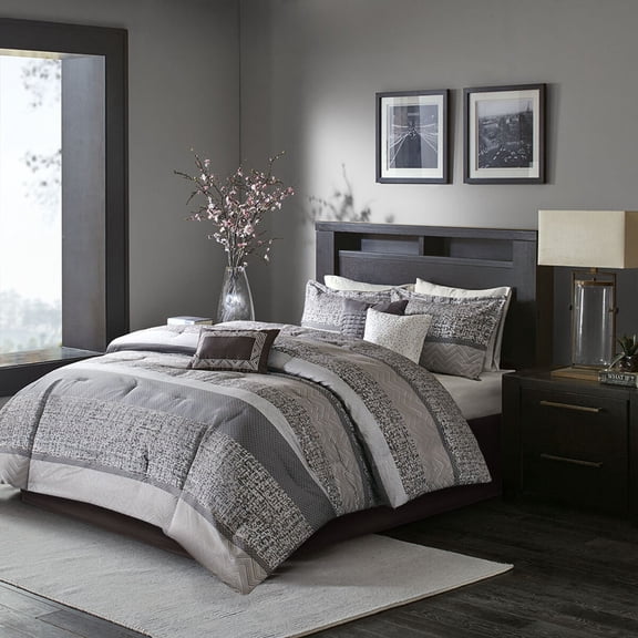 Cotton Bedding Set 7 Piece Jacquard Comforter Set Grey/Taupe Queen,Comforter Set