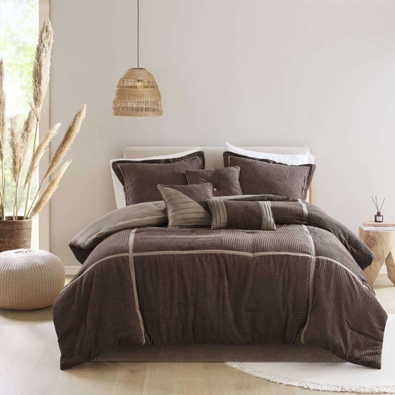 Cotton Bedding Set 7 Piece Micro Corduroy Comforter Set Brown Queen,Comforter Set