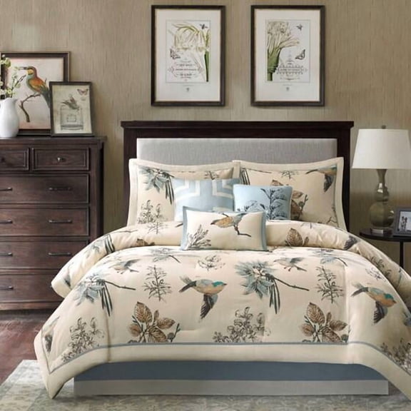 Cotton Bedding Set 7 Piece Printed Cotton Twill Comforter Set Khaki King,Comforter Set