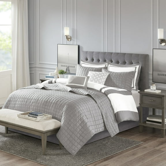 Cotton Bedding Set 8 Piece Comforter and Quilt Set Collection Grey King/Cal King,Comforter Set