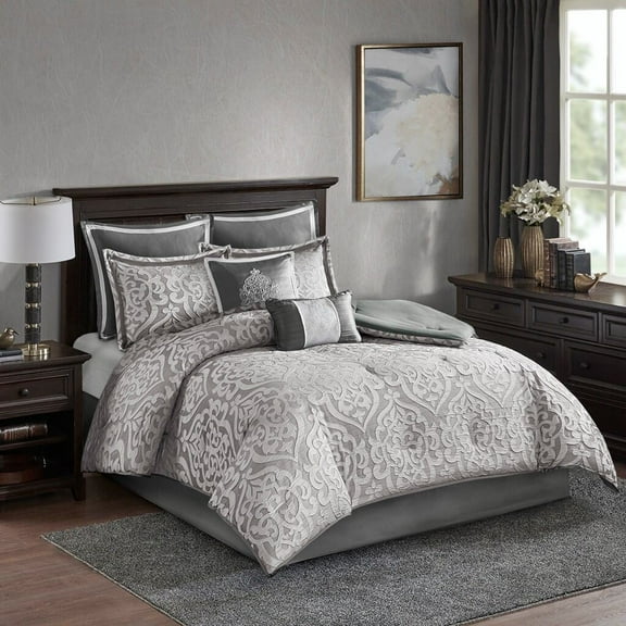 Cotton Bedding Set 8 Piece Jacquard Comforter Set Silver/Silver Queen,Comforter Set