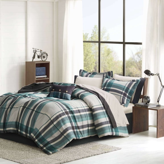 Cotton Bedding Set 9 PCS Queen Plaid Comforter Set with Bed Sheets Teal/Black,Comforter Set