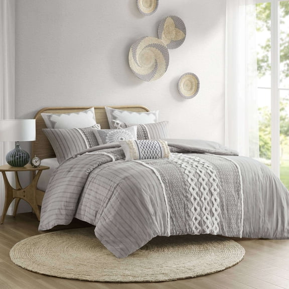 Cotton Bedding Set Cotton Printed Comforter Set with Chenille Gray Full/Queen,Comforter Set