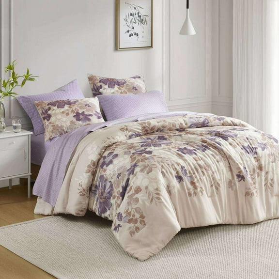 Cotton Bedding Set Floral Comforter Set with Bed Sheets Taupe Queen,Bed In A Bag