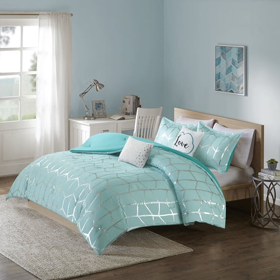 Cotton Bedding Set, Full/Queen Metallic Printed Comforter Set, Aqua+Silver Comforter Set,Polyester Bed In A Bag, Household Supplies & Décor Bedding Bedding Sets Full/Queen Metallic Printed Comforter