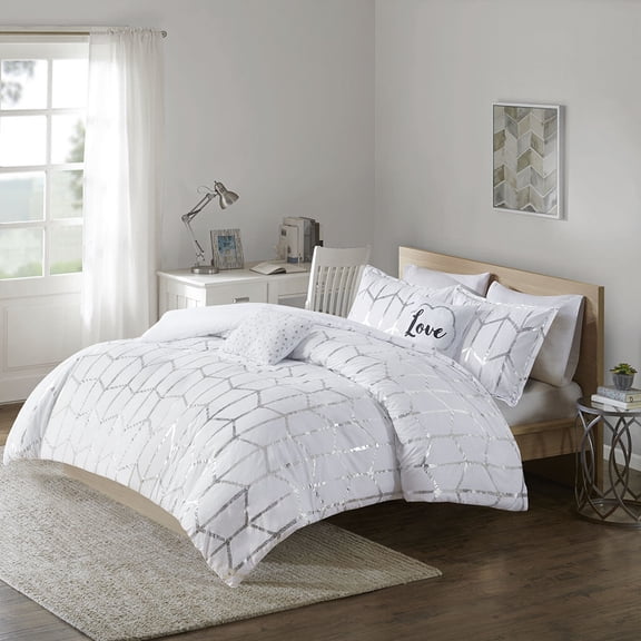 Cotton Bedding Set, Full/Queen Metallic Printed Comforter Set, White+Silver Bed In A Bag,Polyester Comforter Set, Household Supplies & Décor Bedding Bedding Sets Full/Queen Metallic Printed Comforter