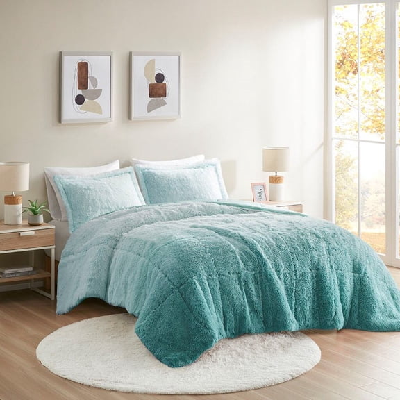 Cotton Bedding Set King/Cal King Ombre Shaggy Long Fur Comforter Mini Set,Comforter Set