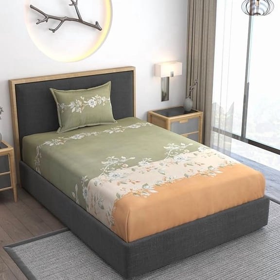 Cotton Bedsheets All Around Elastic Fitted Premium Super Soft Fitted Single Bedsheet With 1 Pillow Cover Fits | 78 X 48 Inches, Grey & Yellow