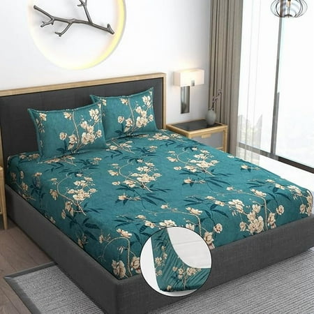 Cotton Bedsheets All Around Elastic Fitted Printed For Double Bedsheet - Size-60 X 78 Inch, Green | Beautiful Print For Luxury Bedsheets