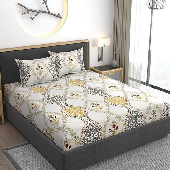 Cotton Bedsheets All Around Elastic Fitted Single Bedsheet With1 Pillow Cover - Size 48x78 Inches, Yellow | Premium Super Soft Fitted Single Bedsheet