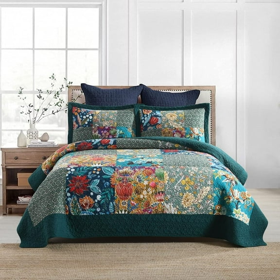 Cotton Bedspread King Size Turquoise Floral Patchwork