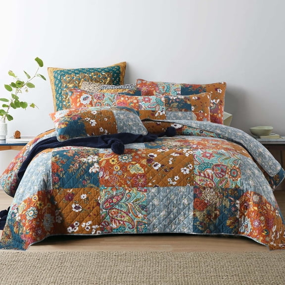 Cotton Bedspread Quilt Sets Reversible Bedding Coverlet Sets Comforter, Vintage Floral Patchwork Red Blue Bedspread, King Size (Yellow Grey Floral Patchwork, King (96 by108 Inch))