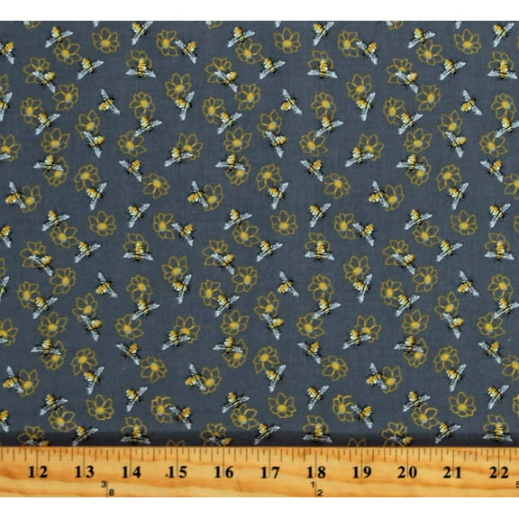 Cotton Bees Honey Bees Honeybees Bumblebees Insects Flowers Mellow Yellow Gray Cotton Fabric Print by the Yard (1969-95)