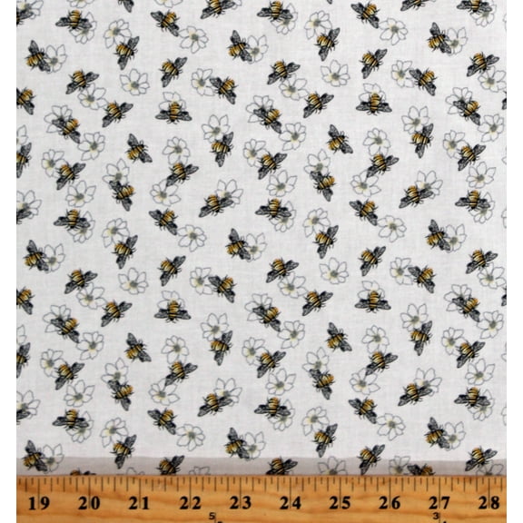 Cotton Bees Honey Bees Honeybees Bumblebees Insects Flowers Mellow Yellow White Cotton Fabric Print by the Yard (1969-01)