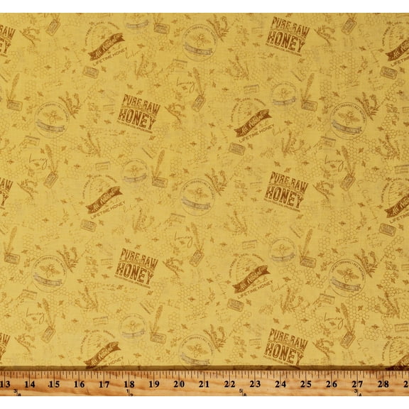 Cotton Bees Honey Honeycomb Flowers Words Pollen Yellow Cotton Fabric Print by the Yard (C10102)