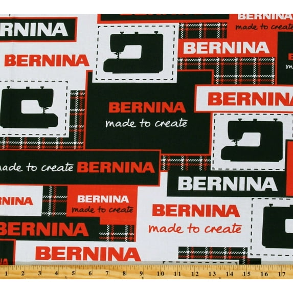 Cotton Bernina Made to Create Logo Patch Sewing Machines Black Cotton Fabric Print by the Yard (07766-99)
