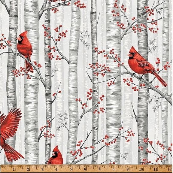 Cotton Berries and Birch Trees Cardinals Birds Hoffman California Fabrics Fog Silver Cotton Fabric Print by the Yard (X7794-483S-FOG/SILVER)