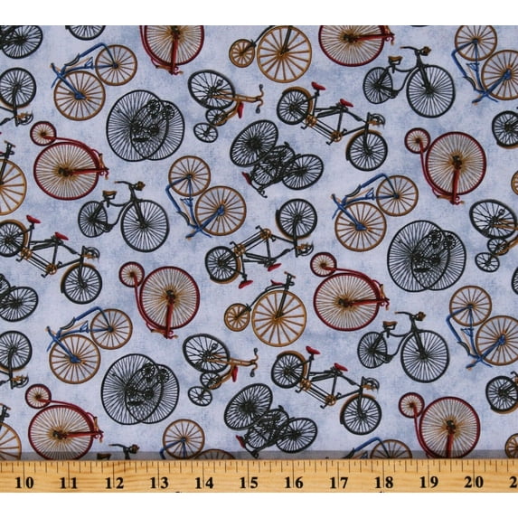 Cotton Bicycles Tandems Unicycles Tricycles Sweet Ride Blue Cotton Fabric Print by the Yard (OA6022102)