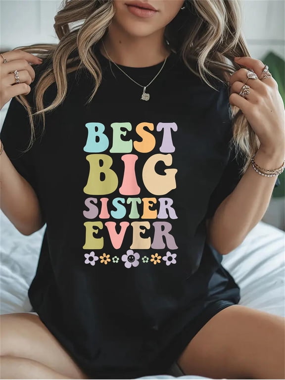 Cotton Big Sister Shirt for Girls – Baby Announcements, and Family Casual Graphic Tee Lightweight Daily Wear T-Shirt