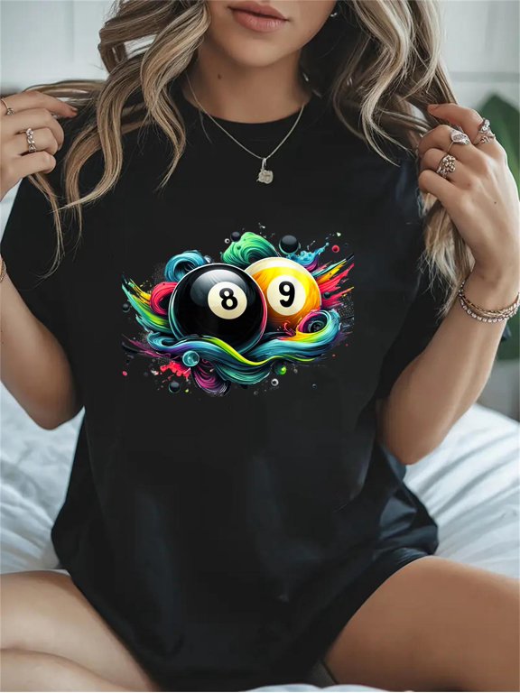Cotton Billiards Pool Player 8 Ball 9 Ball Paint Art Billiard Balls Casual Graphic Tee Lightweight Daily Wear T-Shirt