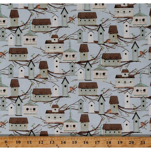 Cotton Bird Houses Birds Nature Touch of Spring Blue Cotton Fabric Print by the Yard (18745-BLU-CTN-D)