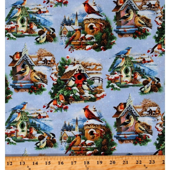 Cotton Birdhouses Bird Houses Birds Finches Cardinals Bluebirds Holiday Winter Song Blue Cotton Fabric Print by the Yard (9410SNOW)
