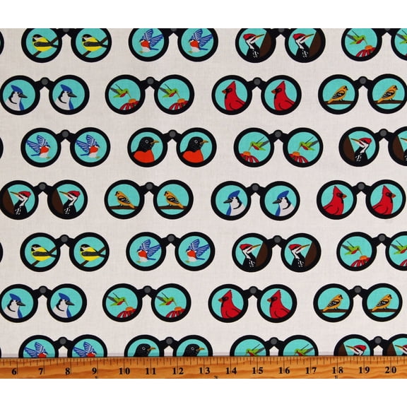 Cotton Birding Binoculars Backyard Birdwatching Birds Animals White Cotton Fabric Print by the Yard (AH100-WH2)