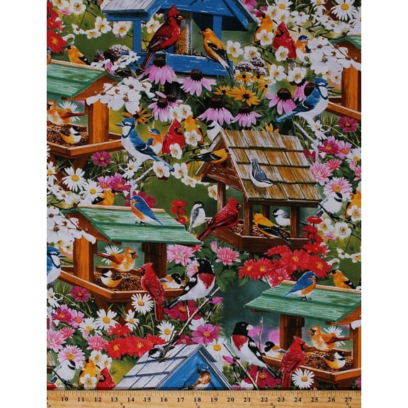 Cotton Birds Birdhouses Flowers Cardinals Bluebirds Bluejays Goldfinch Finches Sparrows Orioles Grosbeaks Daisies Dogwood Floral Garden Trees SCotton Fabric Print by the Yard (AL-3088-5C-1multi)