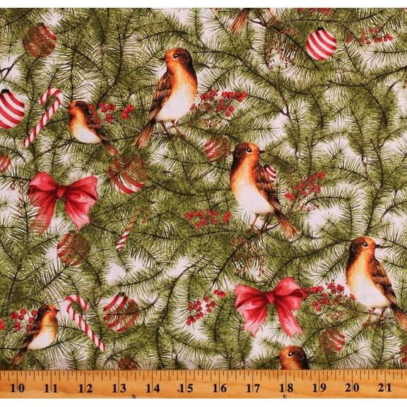 Cotton Birds Pine Trees Evergreens Holly Hollies Berries Bows Winter Forest Pine with Birds Multicolor Cotton Fabric Print by the Yard (16647-WHT-CTN-D)