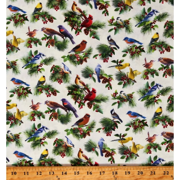 Cotton Birds and Berries Animals Cardinals Pines Needles Cones Holly and Ivy Christmas Holiday Cream Cotton Fabric Print by the Yard (40004CREAM)