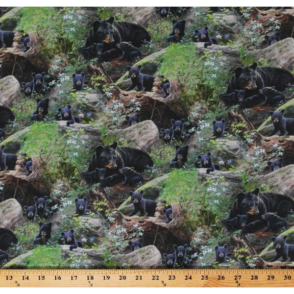 Cotton Black Bears Animals Wildlife Bear Cubs Rocks Flowers Forest Woods Tender Moments Scenic Green Cotton Fabric Print by the Yard (9608GREEN)