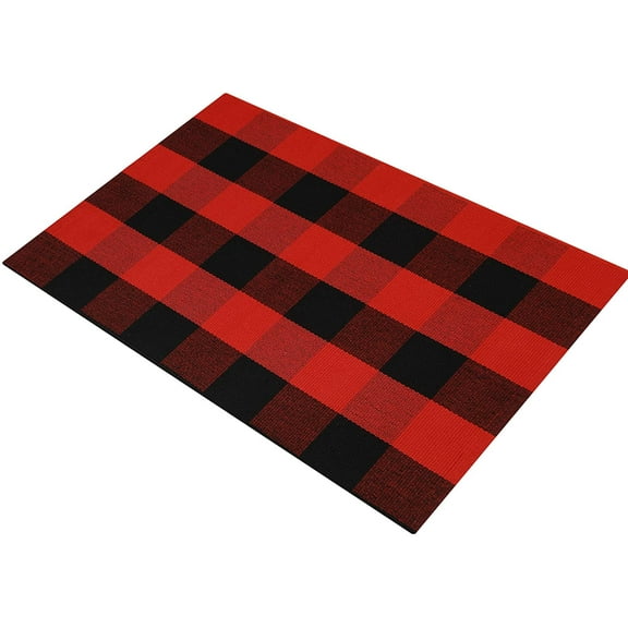 Cotton Black and Red Plaid Rug, 27.5 x 43 Inches Outdoor Front Door Decorative Mat, Hand-Woven Reversible Foldable Rug for Layered Door Mats Washable Carpet for Front Porch, Entryway, Farmhouse
