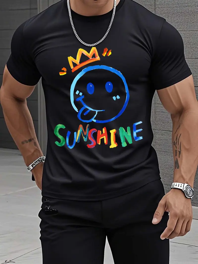 Cotton Black T-shirt Trendy Sunshine Cartoon Crown Pattern Design Theme ...