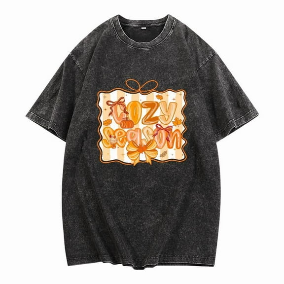 Cotton Tee Cozy Season Graphic T-Shirt Top Washed Fashion Casual Soft Relaxed Fit Black S-2XL Plus Size