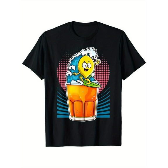 Cotton Black Tee Lemon Surfing Ice Tea Graphic T-Shirt Top Crew Neck Fashion Casual S-5XL