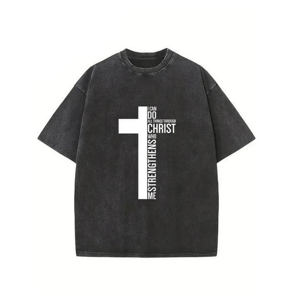 Cotton Black Tee Vintage Cross Graphic T-Shirt Top Black Water Washed Print Pure Cotton Round Neck Short Sleeve S-2XL Plus Size