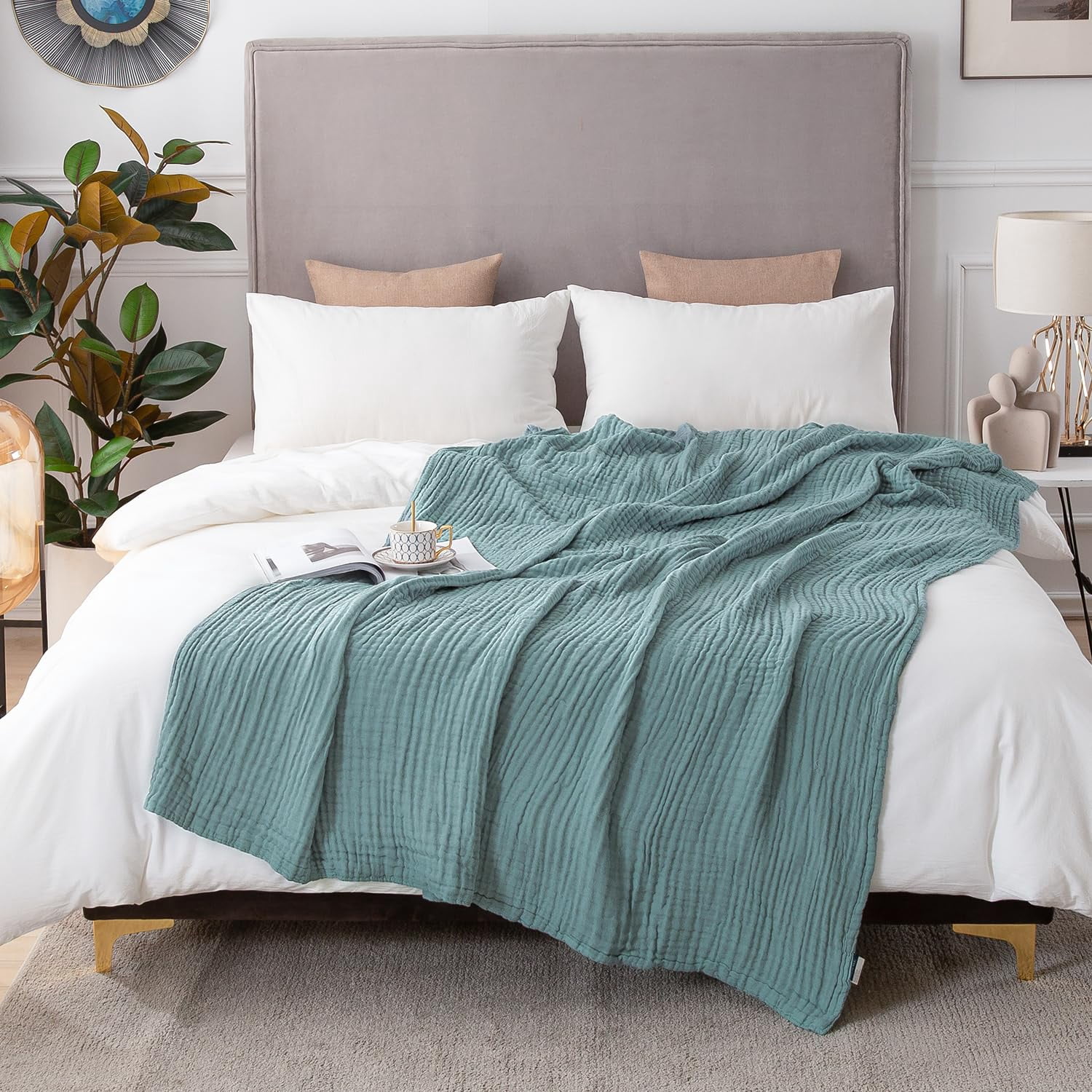 Cotton Blanket Queen Size For Bed Soft Large Muslin Blankets 90"x90" Lightweight Breathable Layering Bedspread All Season Gauze  Teal