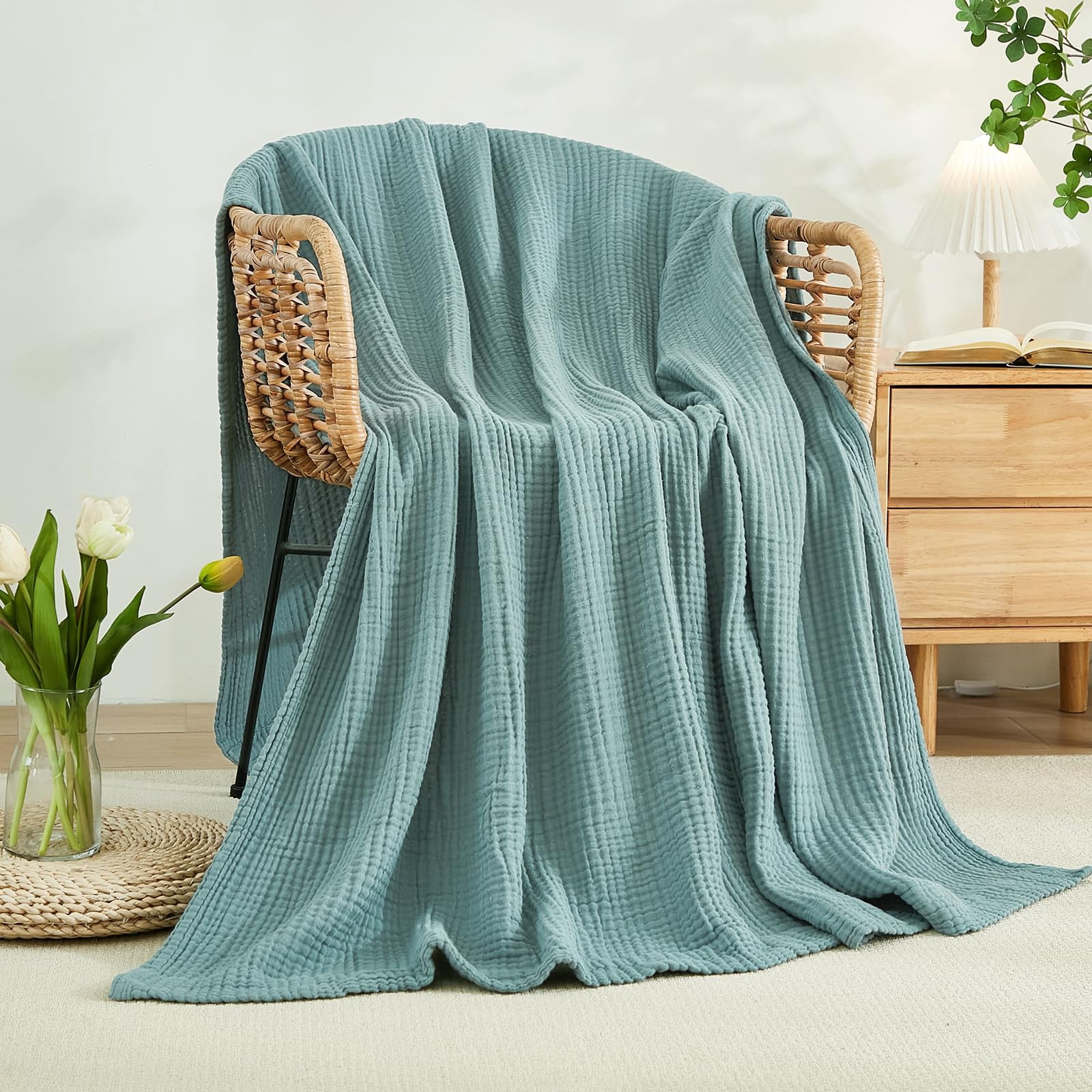 Cotton Blanket Xl For Bed Soft Muslin Blankets 66"x90" Lightweight Breathable Layering Bedspread Coverlet All Season Gauze  Teal